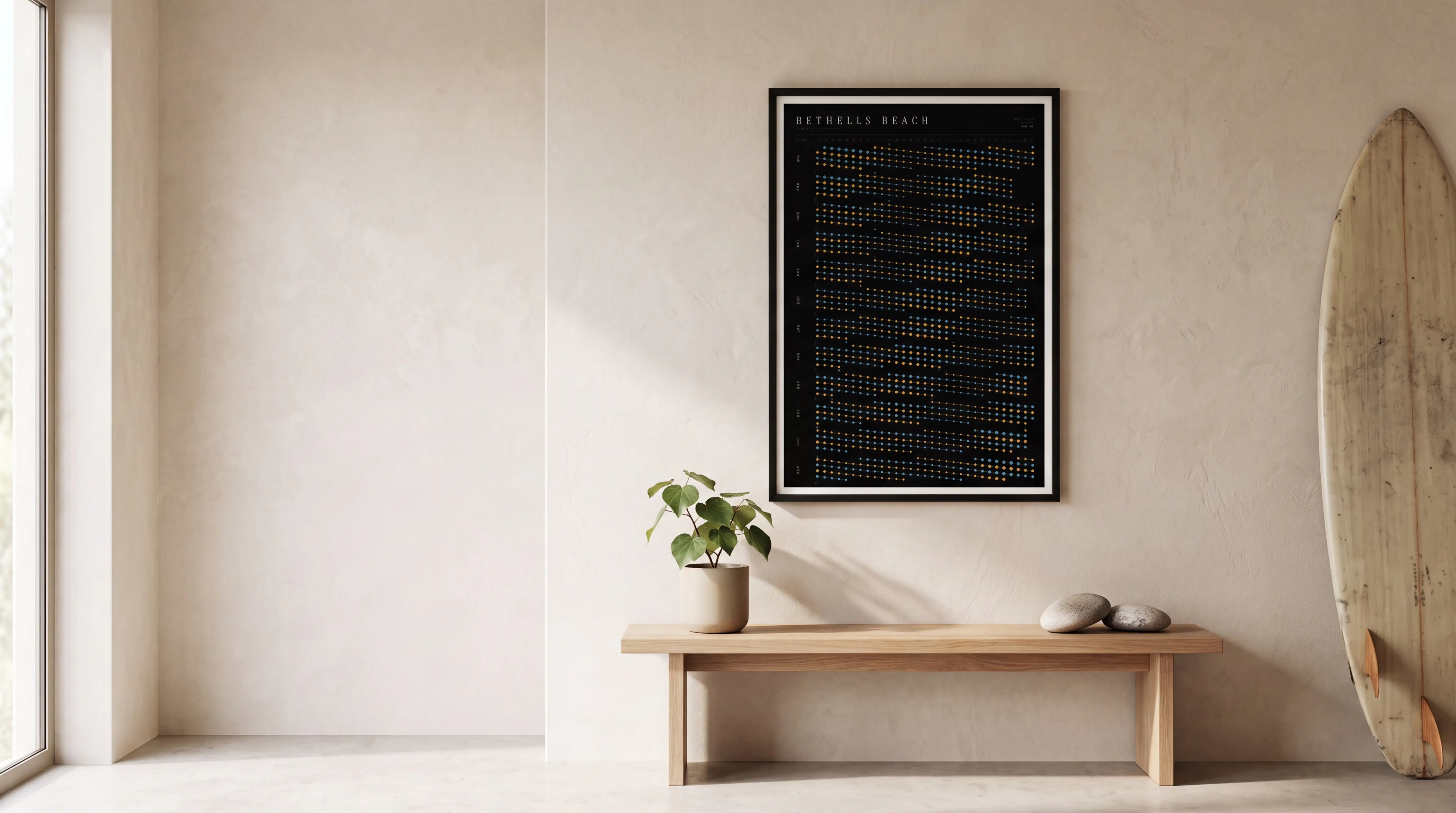 A framed Bethells Beach tide print above a timber bench, beside a vintage surfboard