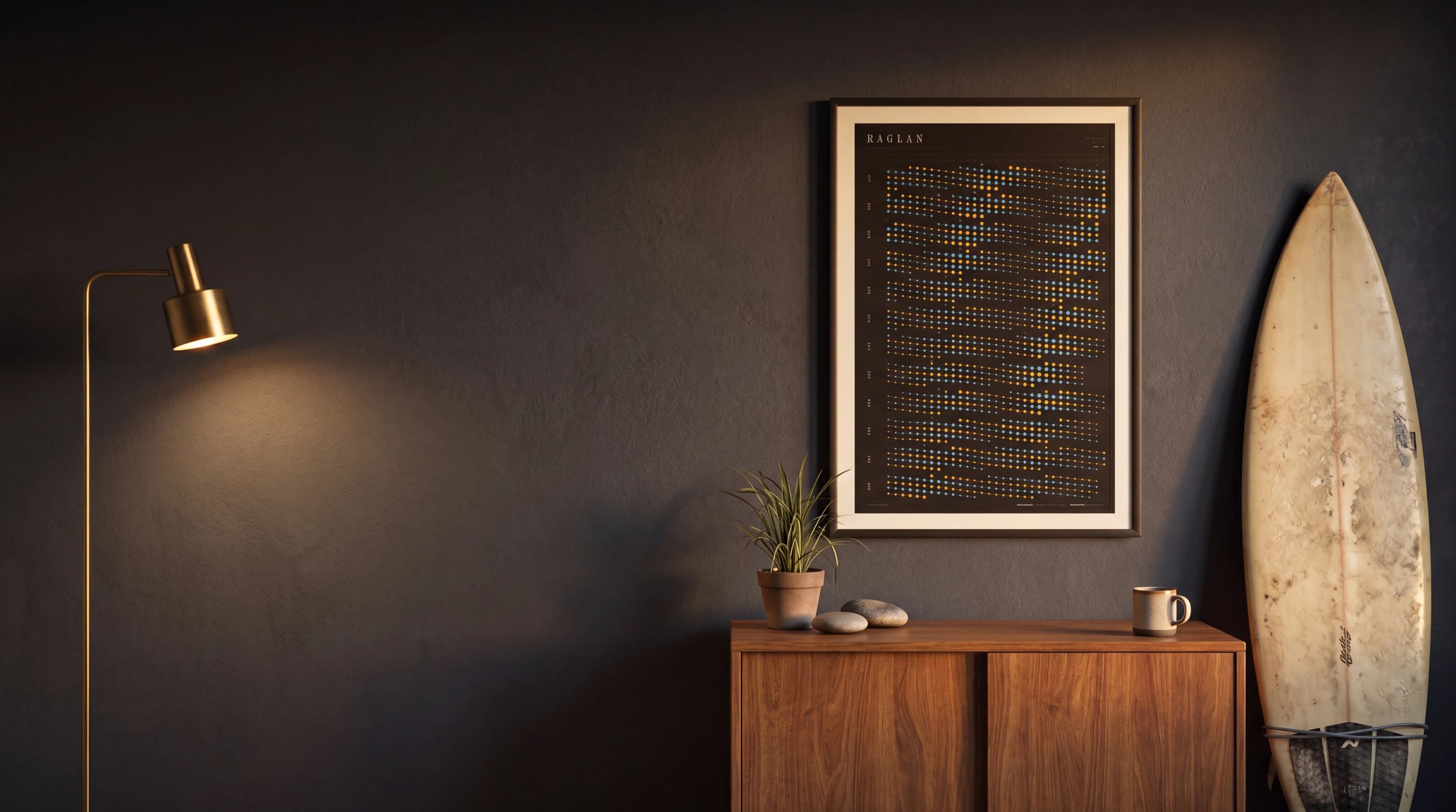 Framed tide poster in a modern living space